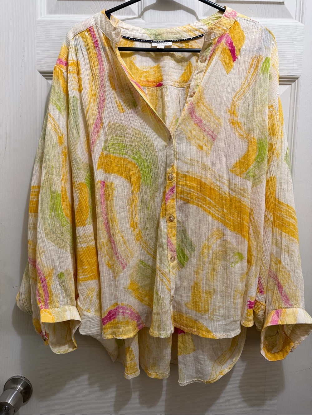 Pilcro Sydney Cotton Abstract-Print Button-Down Shirt in Yellow, Pink & Green